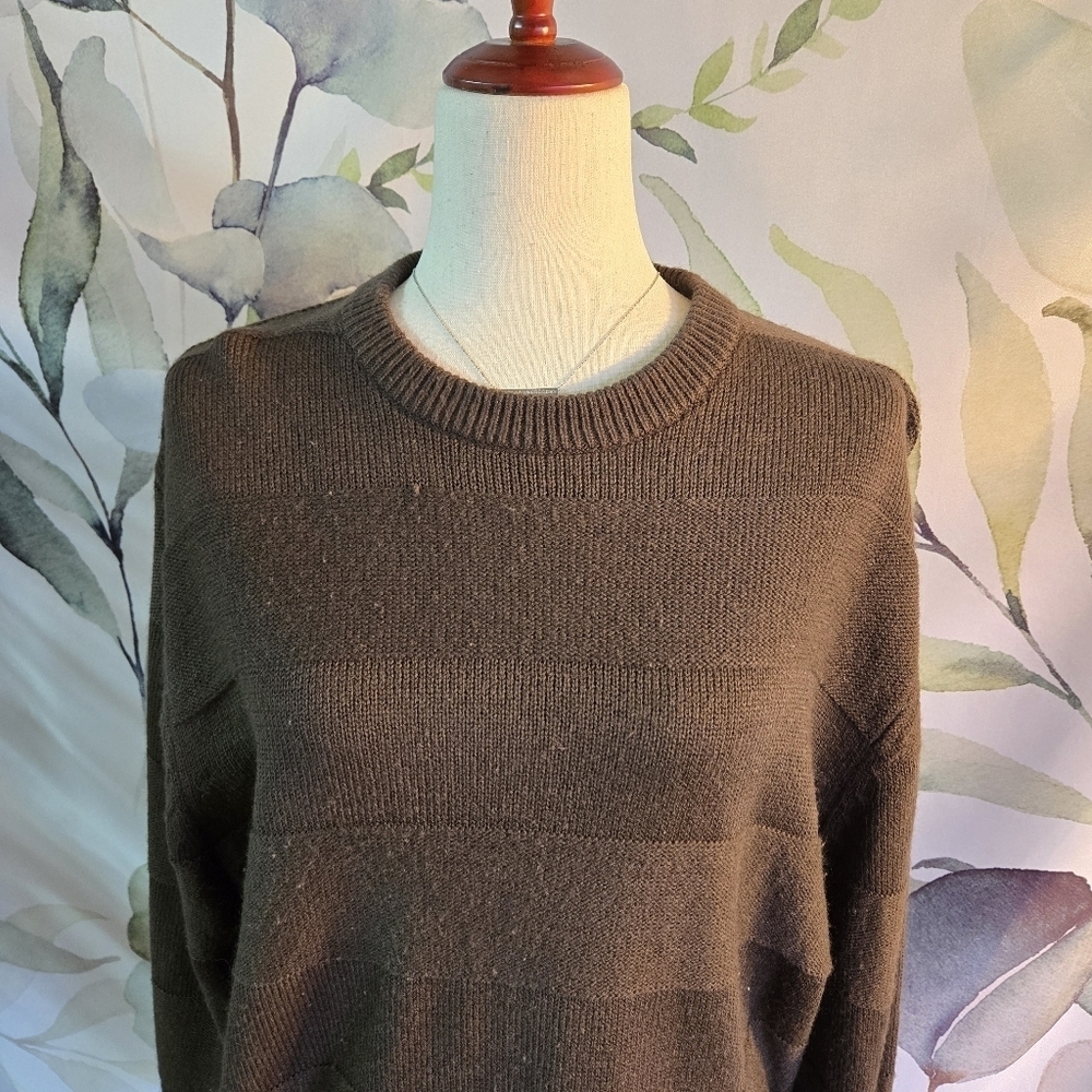 KNIGHTSBRIDGE | Vintage Striped Acrylic Crewneck Sweater in Brown sz M - Picture 2 of 5